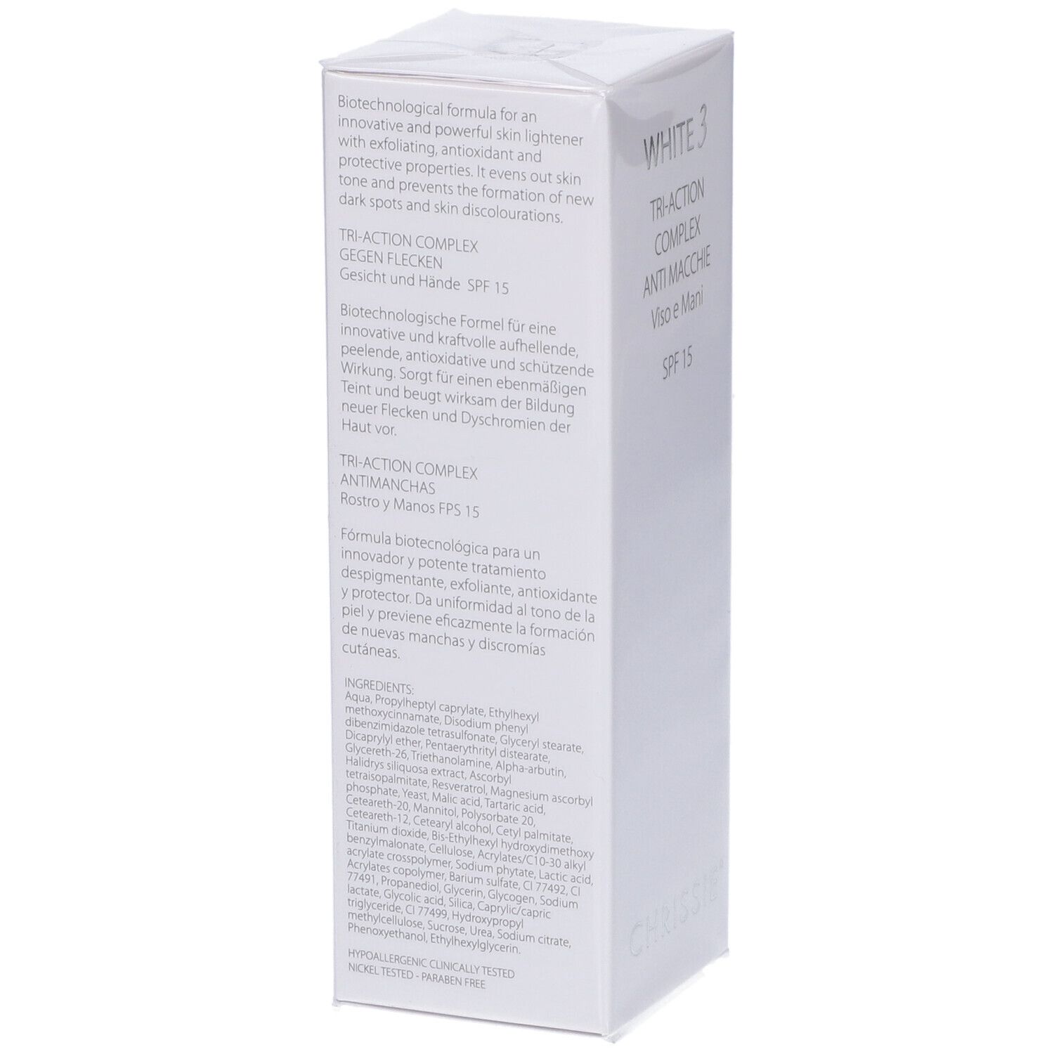 Scatola bianca White 3 Tri-Action Complex Anti-Macchie Viso e Mani SPF 15. Testo in tedesco.