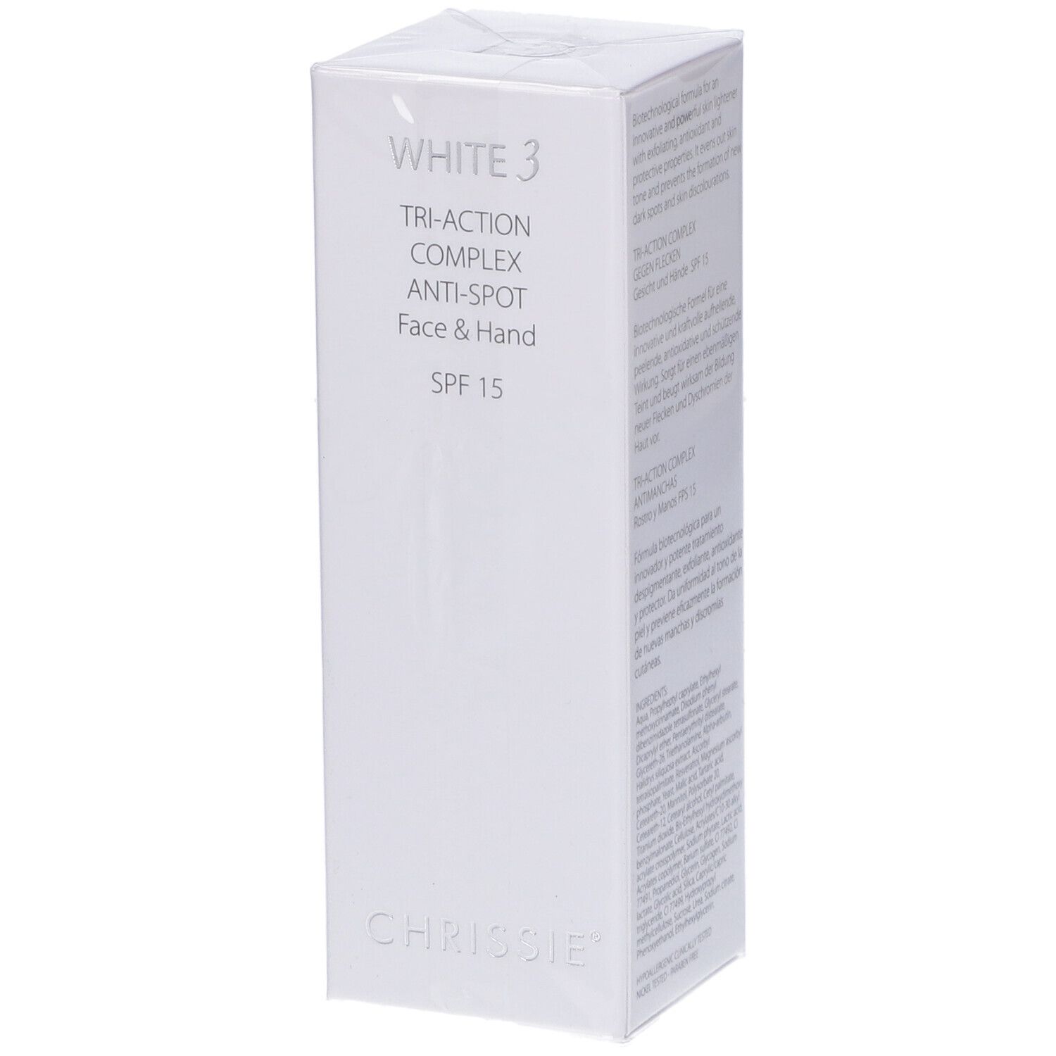 Scatola bianca White 3 Tri-Action Complex Anti-Macchie Viso e Mani SPF 15. Testo in inglese.