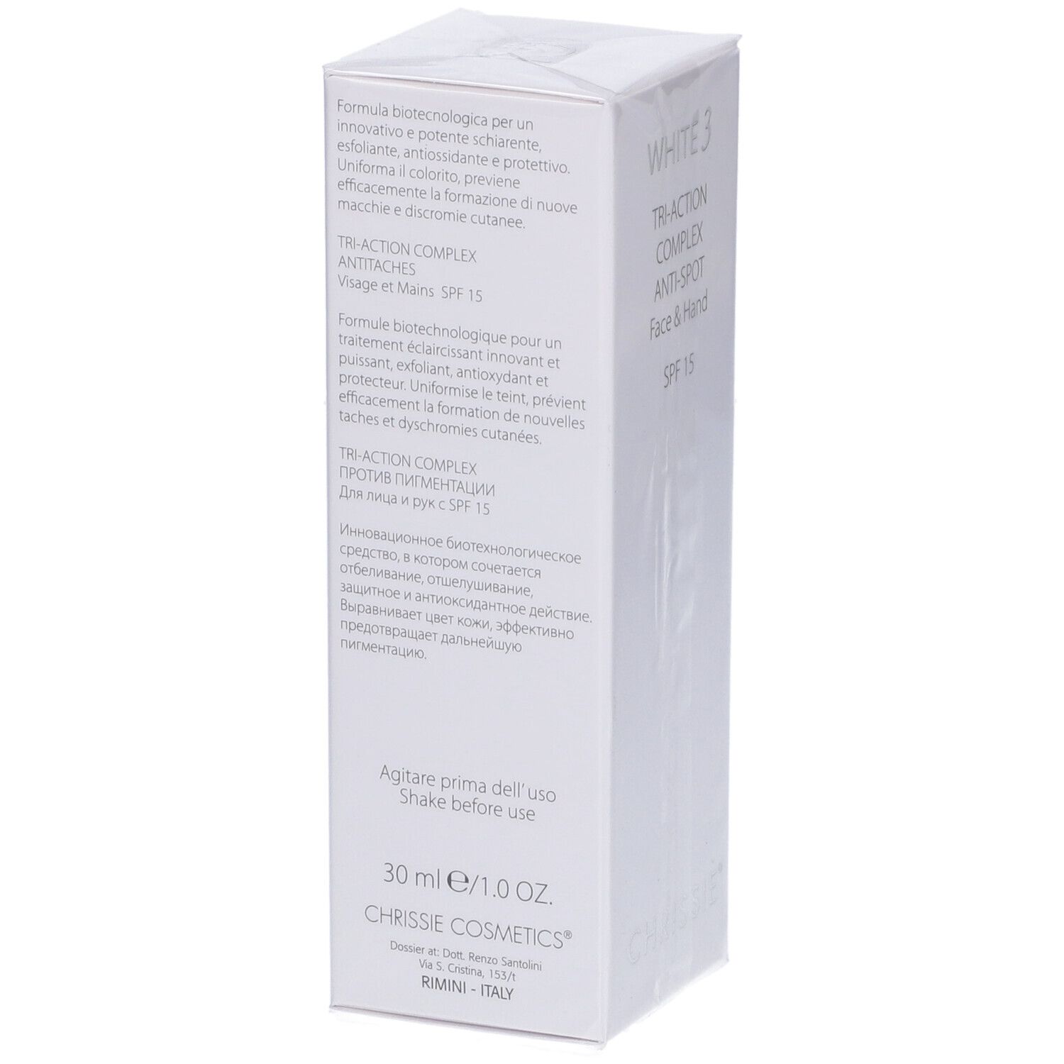 Scatola bianca White 3 Tri-Action Complex Anti-Macchie Viso e Mani SPF 15. Testo in italiano.