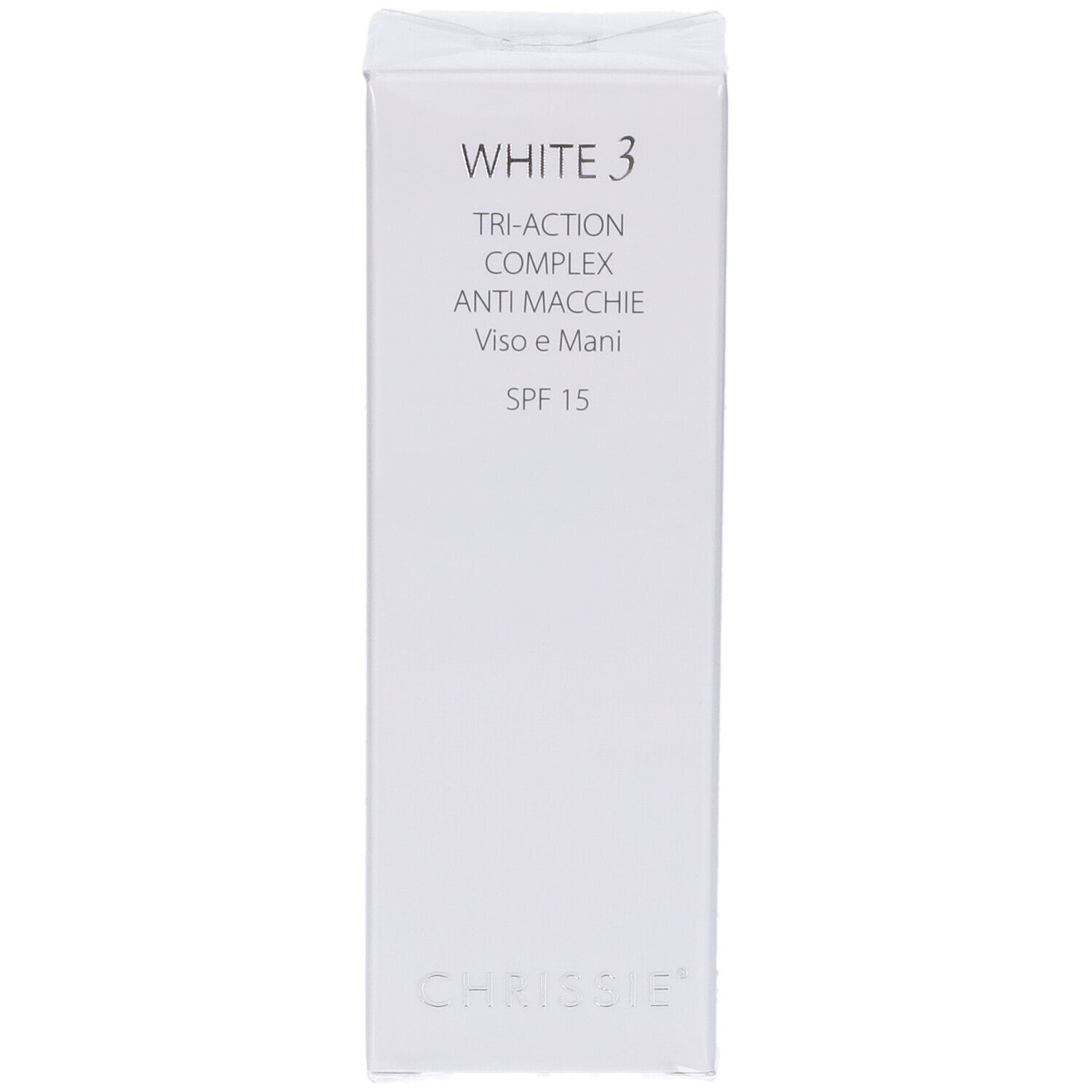 Scatola bianca White 3 Tri-Action Complex Anti-Macchie Viso e Mani SPF 15. Chrissie.