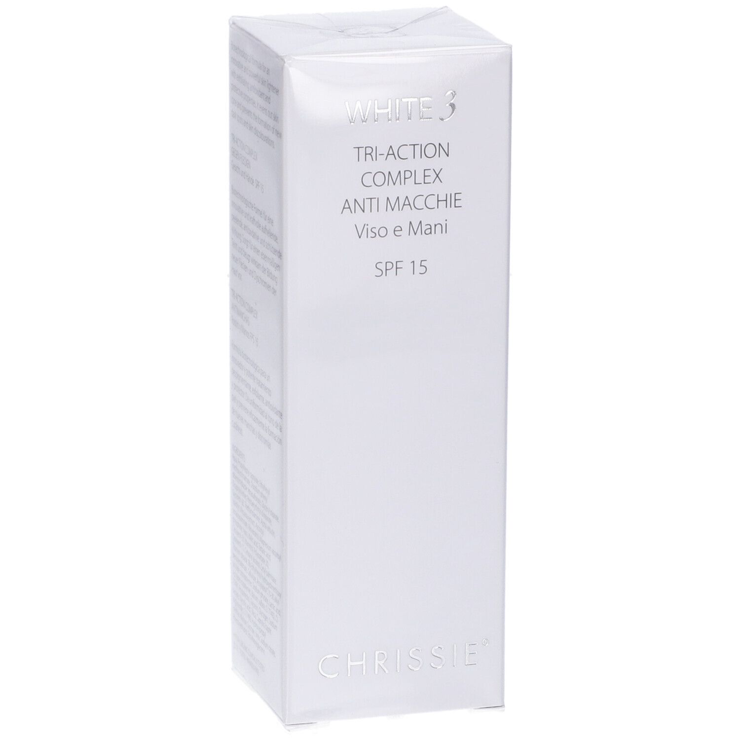 Scatola bianca White 3 Tri-Action Complex Anti-Macchie Viso e Mani SPF 15. Chrissie.