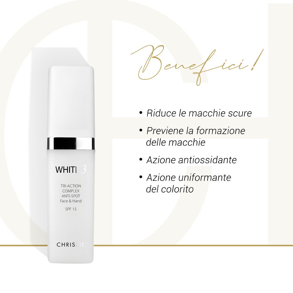 Flacone bianco White 3 Tri-Action Complex Anti-Macchie Viso & Mani SPF 15. Testo benefici in italiano.