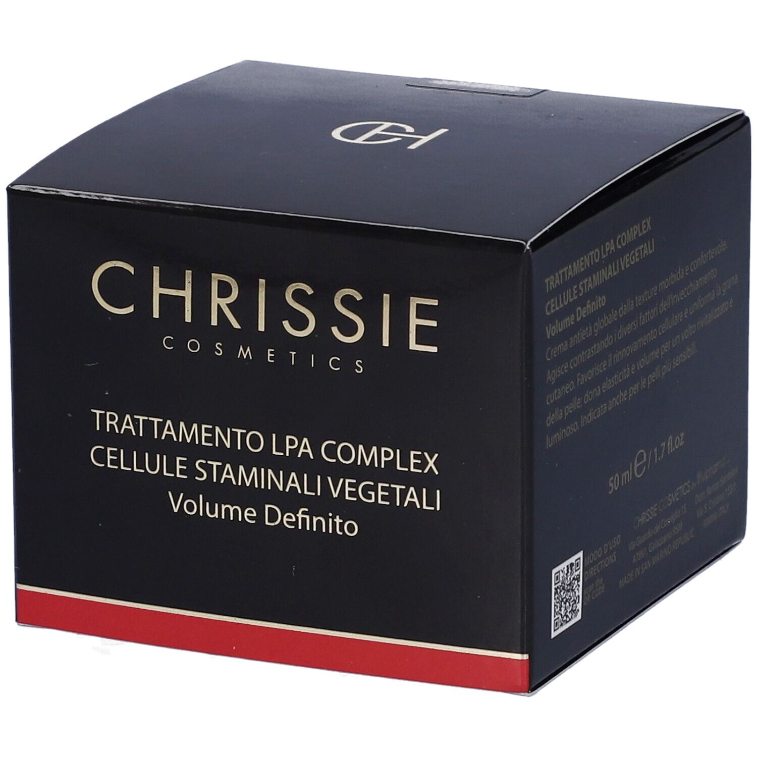Scatola nera con testo: Chrissie Cosmetics, Volume Definito. Striscia rossa in basso.