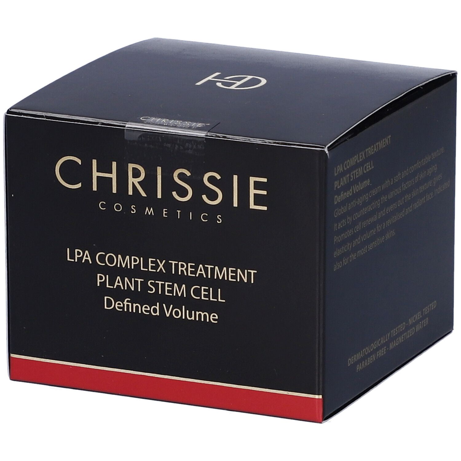 Scatola nera con testo: Chrissie Cosmetics, LPA Complex Treatment, Plant Stem Cell, Defined Volume.