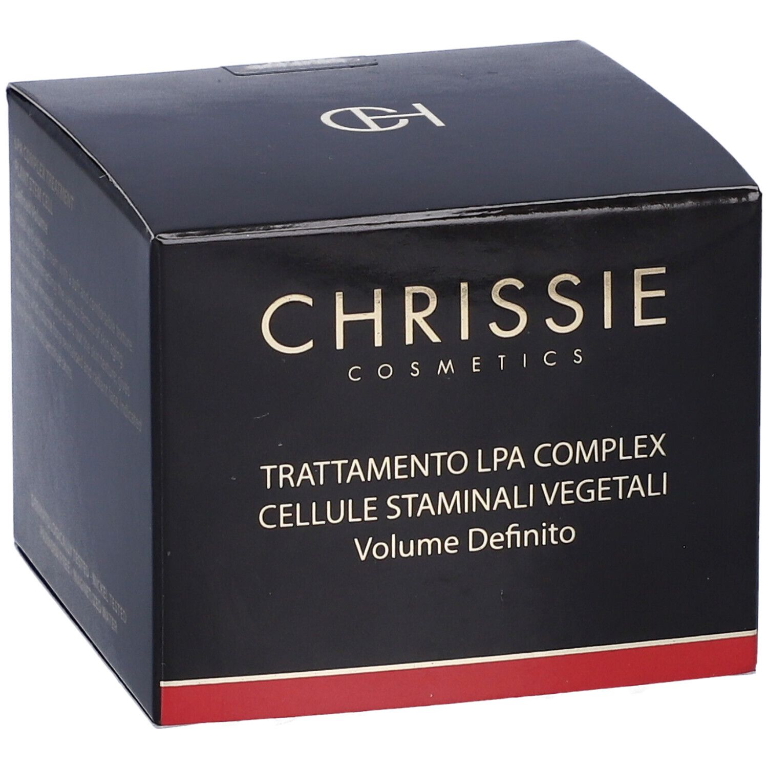 Scatola nera con testo: Chrissie Cosmetics, Volume Definito. Striscia rossa in basso.