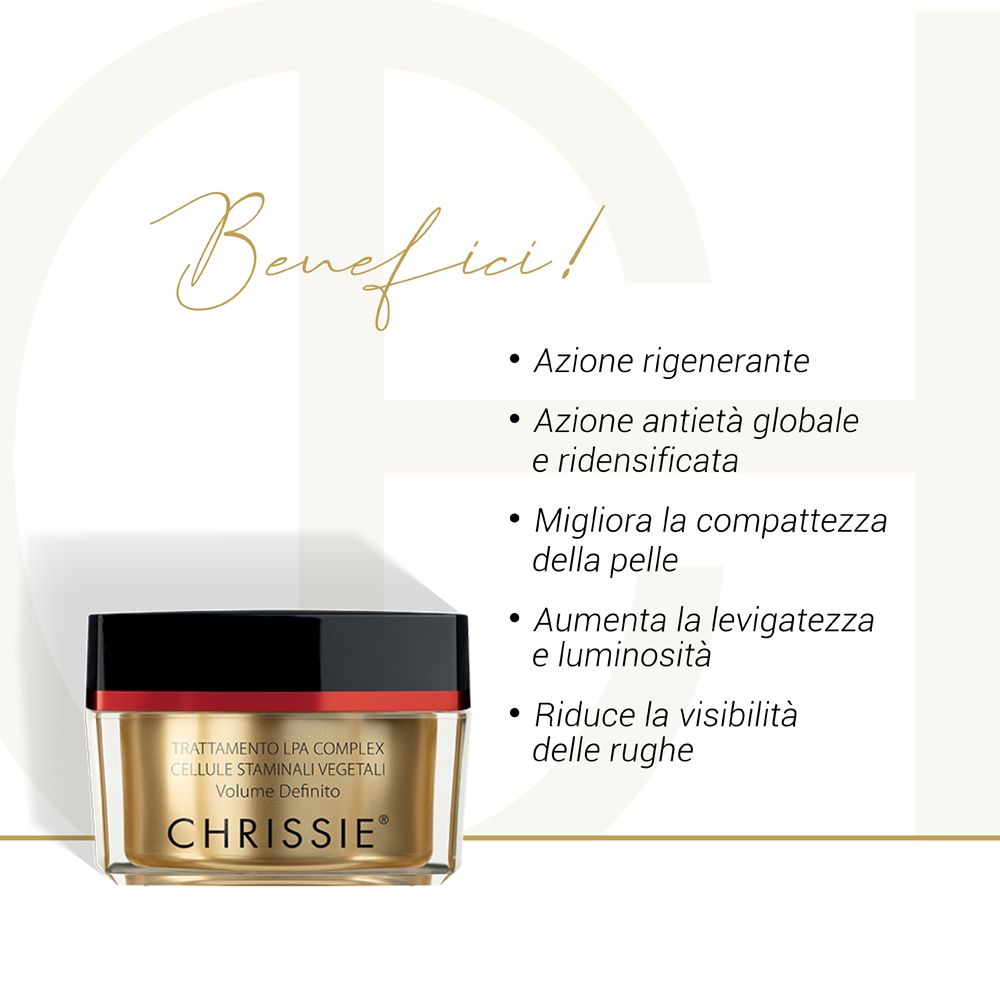 Vaso di crema con testo e benefici. Testo: Azione rigenerante, Azione antietà globale, Migliora la compattezza.