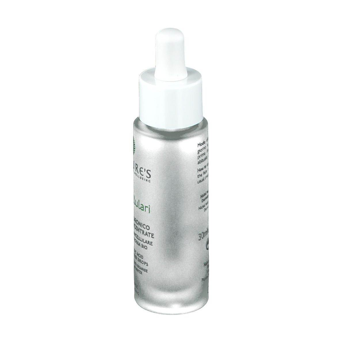 Flacone argento con tappo bianco e contagocce. Scritta: NATURE'S Acque Unicellulari. Retro con testo e indicazione 30ml/1.0 FL.OZ.
