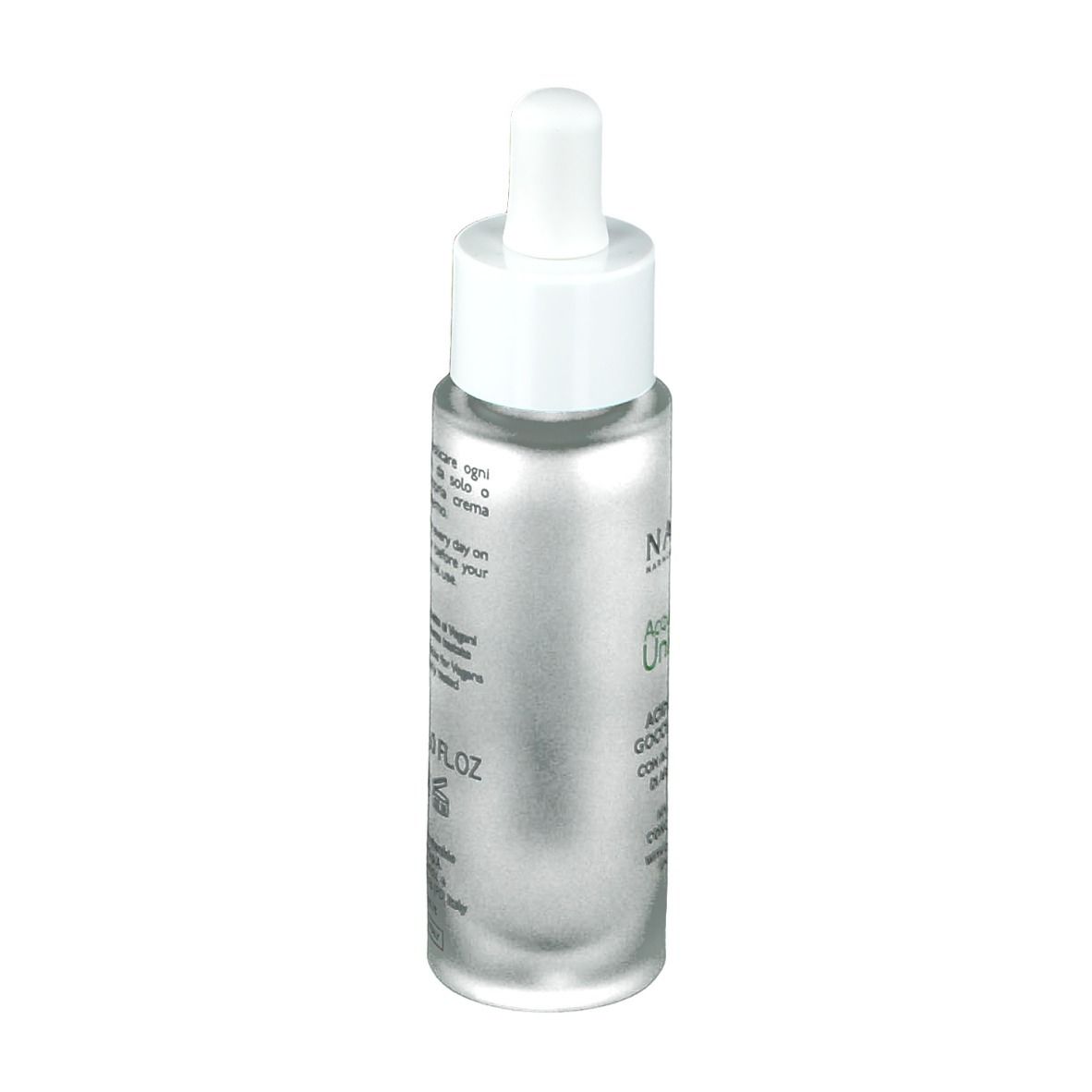 Flacone argento con tappo bianco e contagocce. Scritta: NATURE'S Acque Unicellulari. Retro con testo e indicazione 30ml/1.0 FL.OZ.