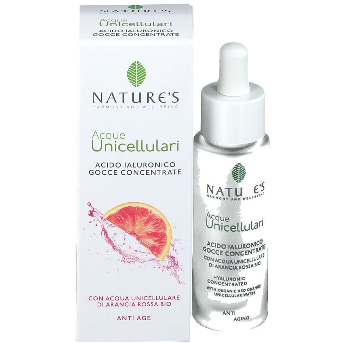 Confezione del prodotto con flacone e scatola. Scritta: NATURE'S Acque Unicellulari, gocce concentrate di acido ialuronico. Anti-età. Immagine di un'arancia.