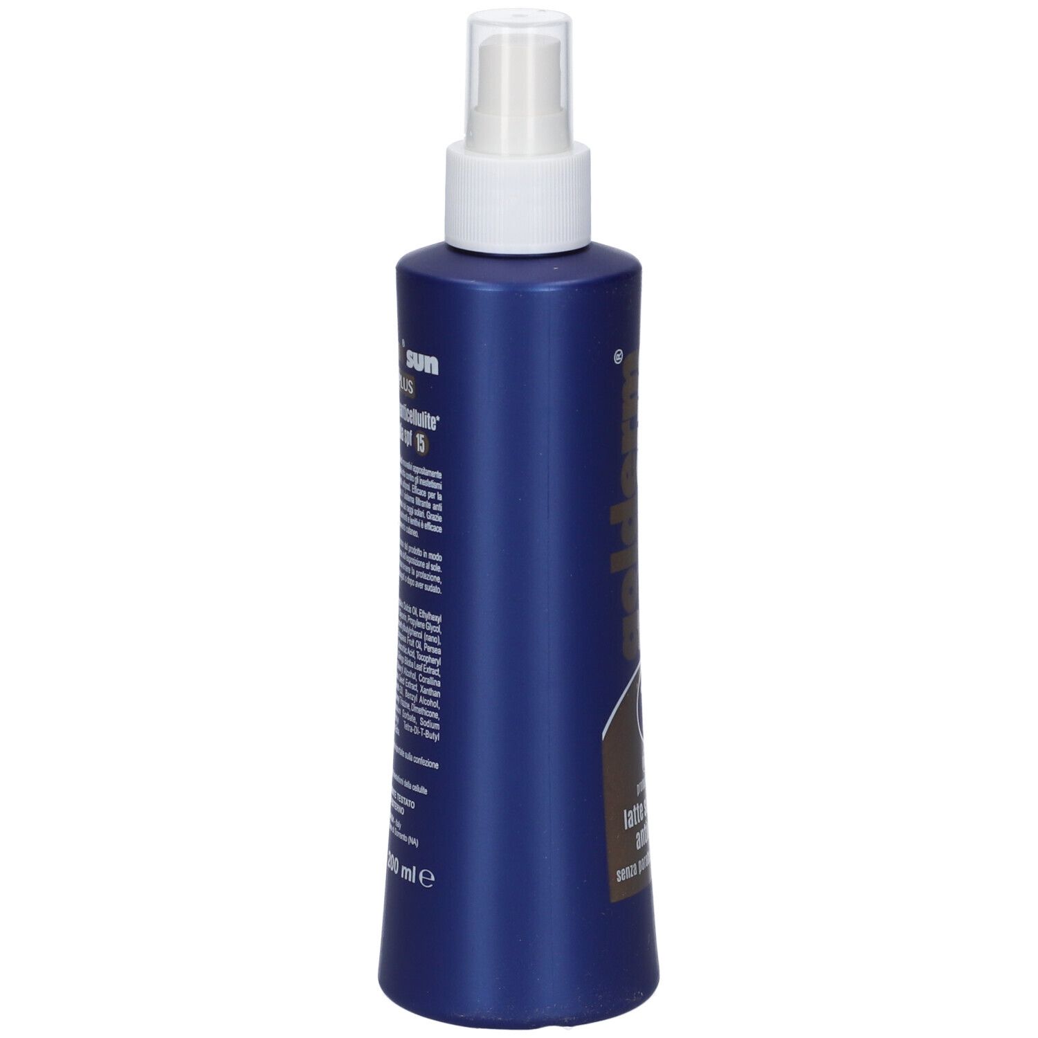Flacone blu con erogatore spray. Scritta: Golderm Sun Drena Plus. Testo sul retro.