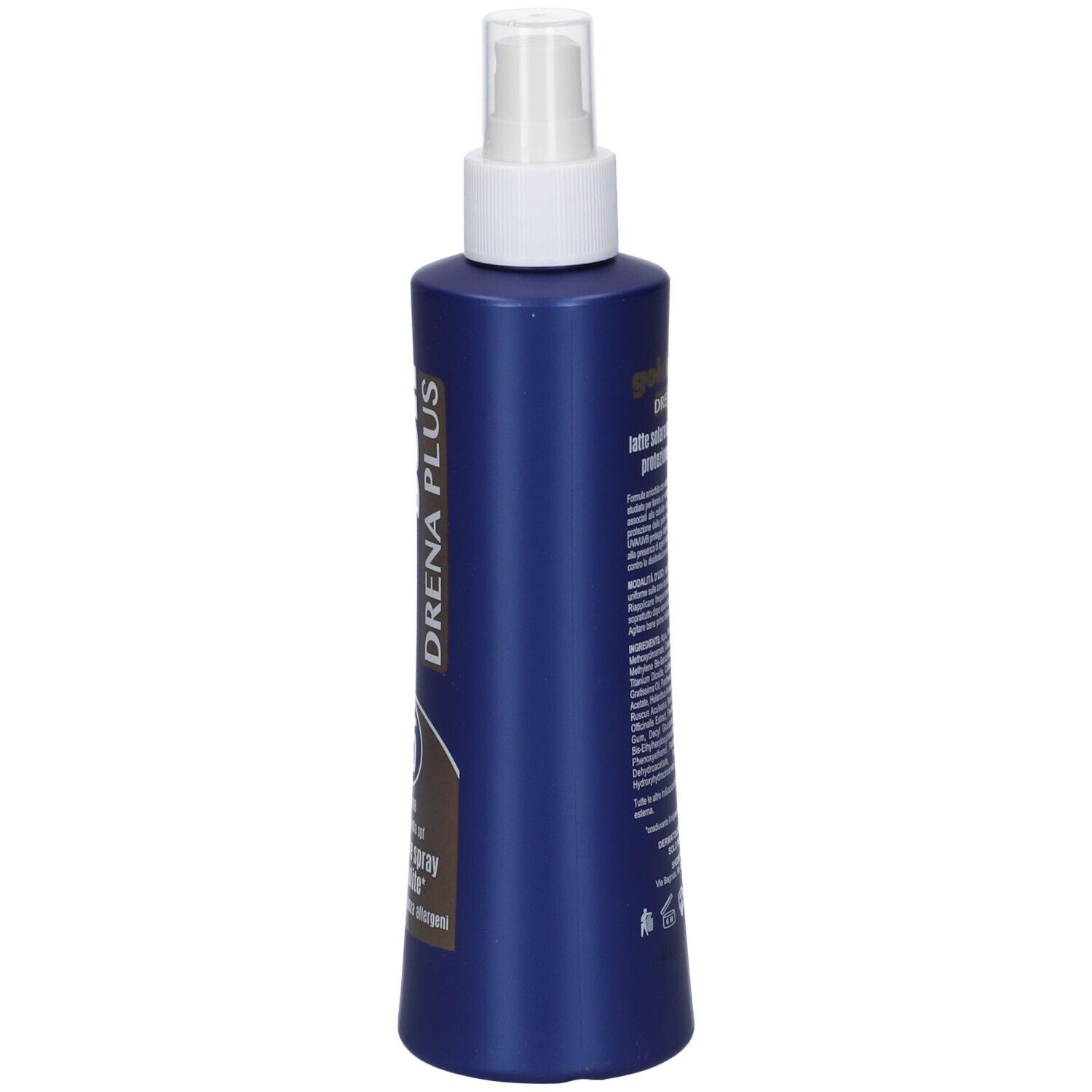 Flacone blu con erogatore spray. Scritta: Golderm Sun Drena Plus. Vista posteriore.