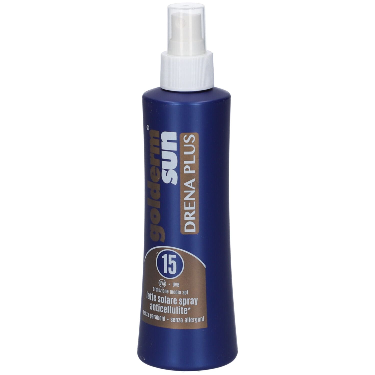 Flacone blu con erogatore spray. Scritta: Golderm Sun Drena Plus, SPF 15. Spray solare.