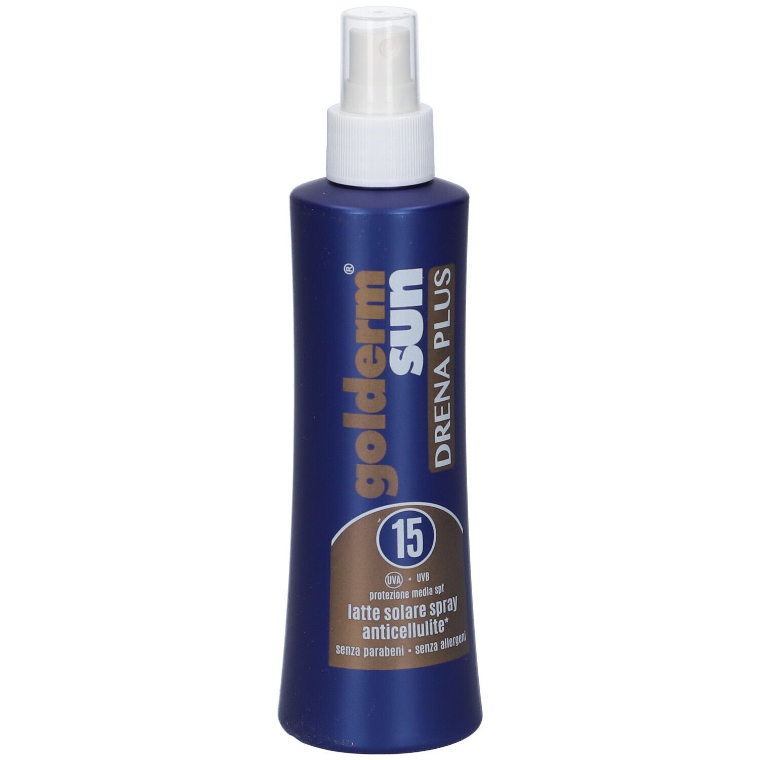 Flacone blu con erogatore spray. Scritta: Golderm Sun Drena Plus, SPF 15. Spray solare.