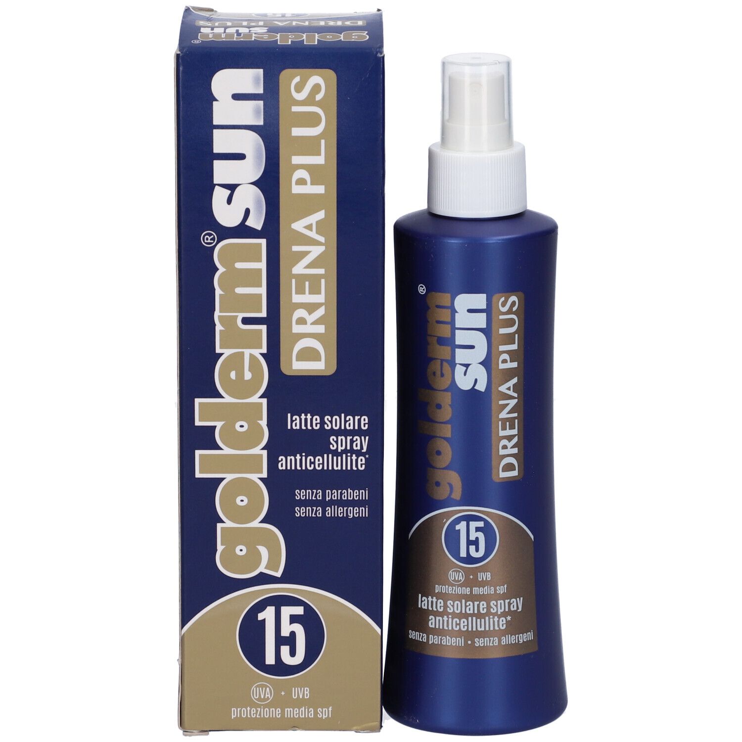 Golderm Sun Drena Plus, SPF 15, spray solare e confezione. Flacone e scatola blu.