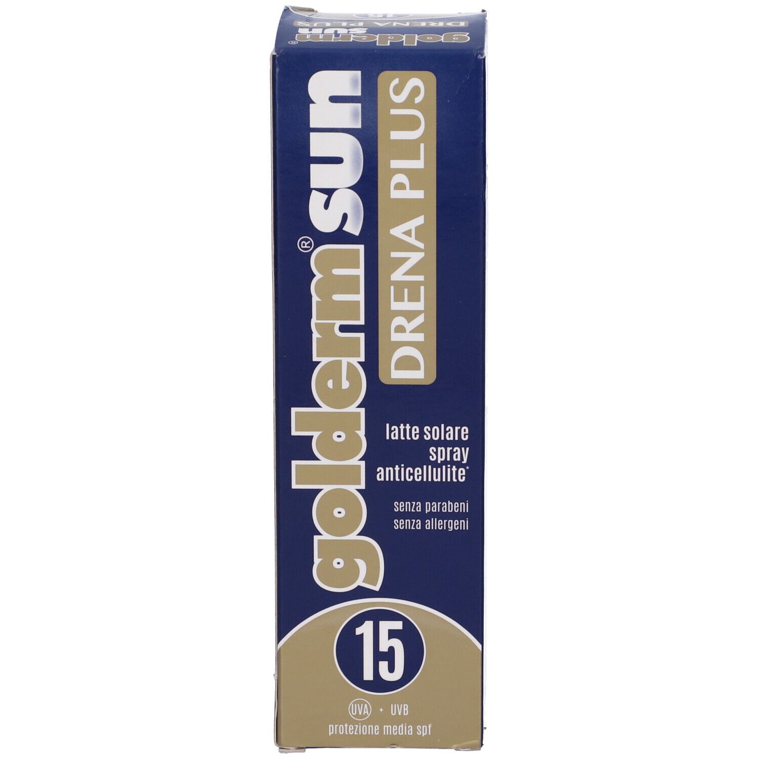 Confezione di Golderm Sun Drena Plus, SPF 15. Scatola blu con informazioni sul prodotto.