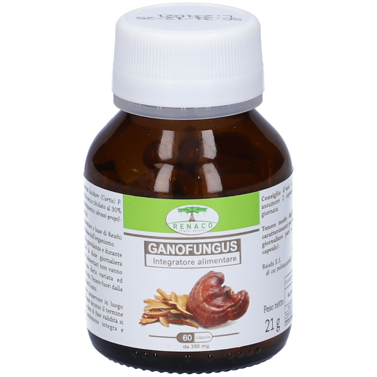 Flacone marrone con tappo bianco. Etichetta "Ganofungus", "Integratore alimentare" e immagine di fungo Reishi. 60 capsule.