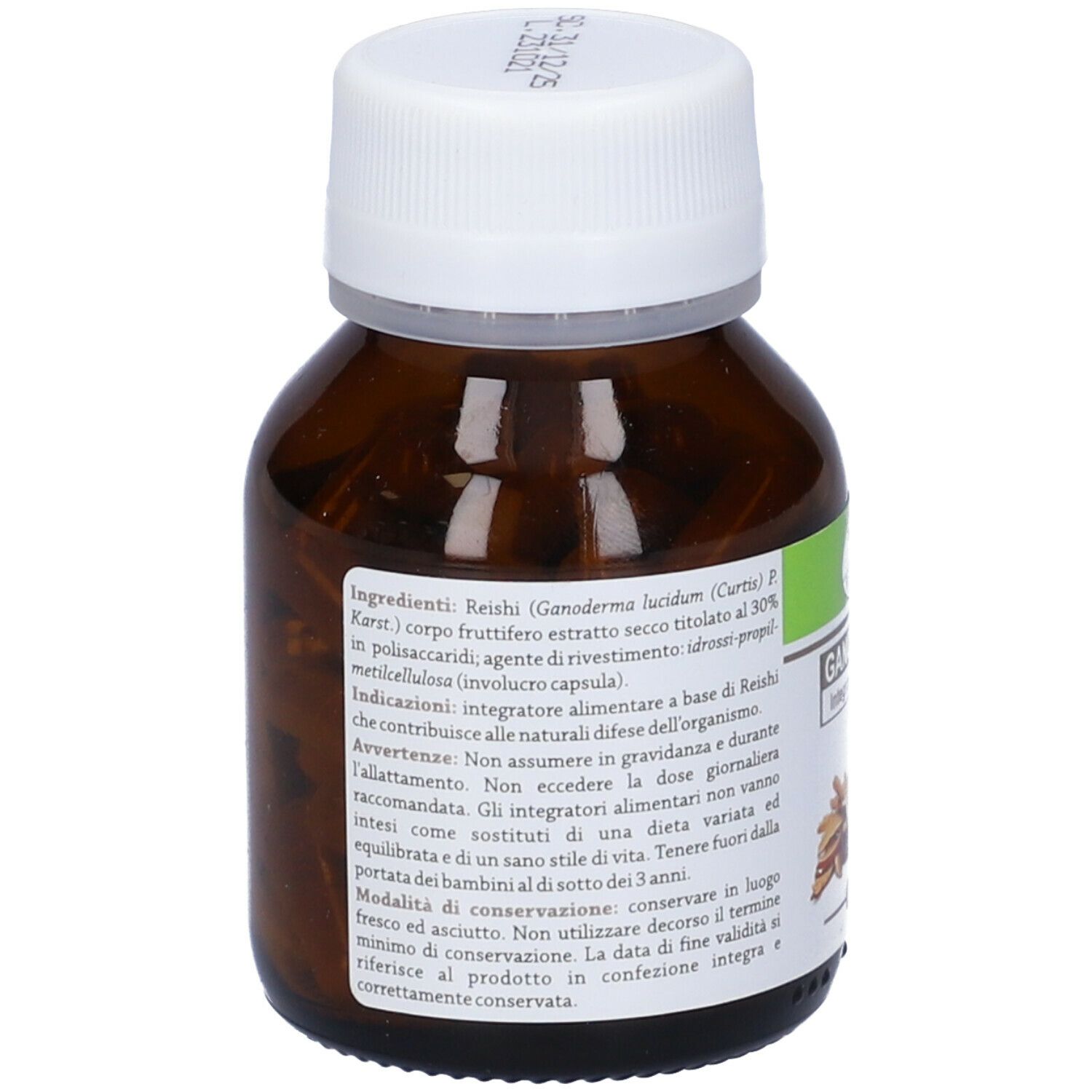 Retro di flacone in vetro marrone con tappo bianco. Etichetta con ingredienti e avvertenze. Testo in italiano.