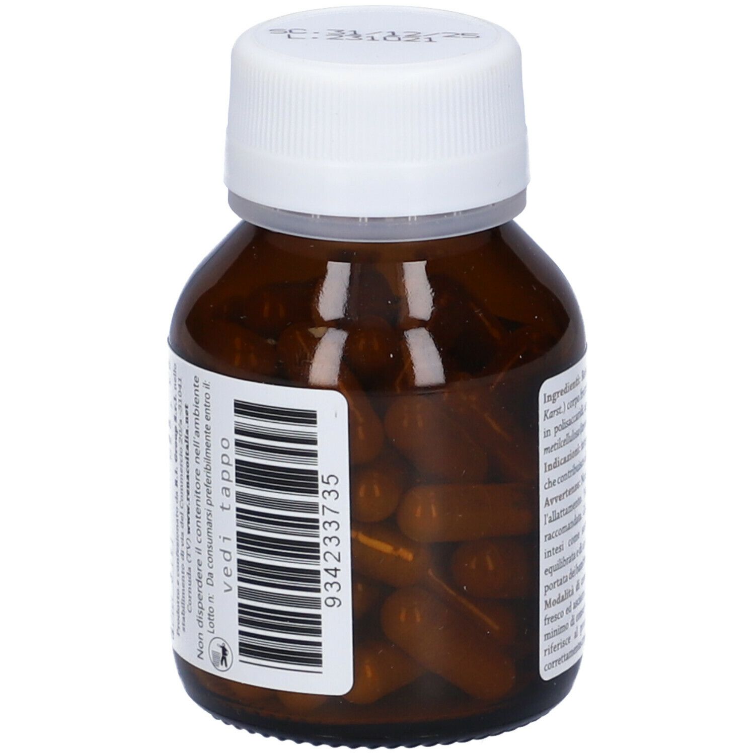 Flacone in vetro marrone con tappo bianco, visto dall'alto. Capsule marroni visibili all'interno. Codice a barre sull'etichetta.