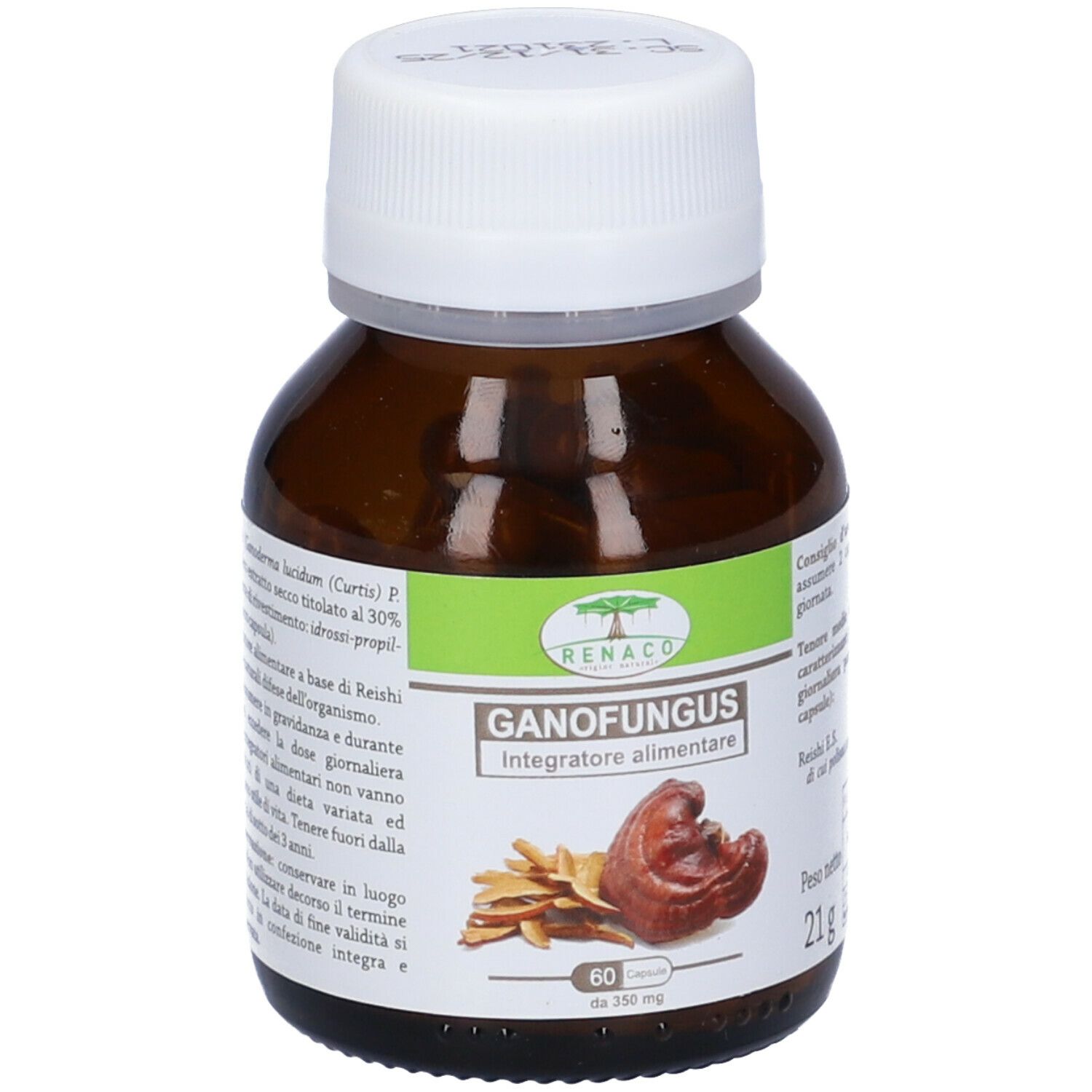 Flacone marrone con tappo bianco. Etichetta "Ganofungus", "Integratore alimentare" e immagine di fungo Reishi. 60 capsule.