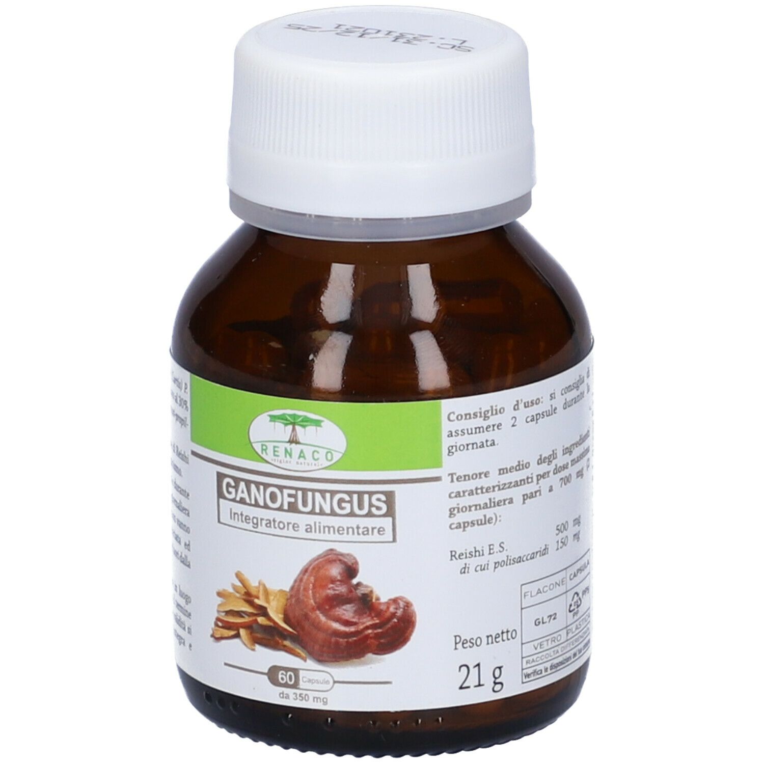 Flacone marrone con tappo bianco. Etichetta "Ganofungus", "Integratore alimentare" e immagine di fungo Reishi. 60 capsule.