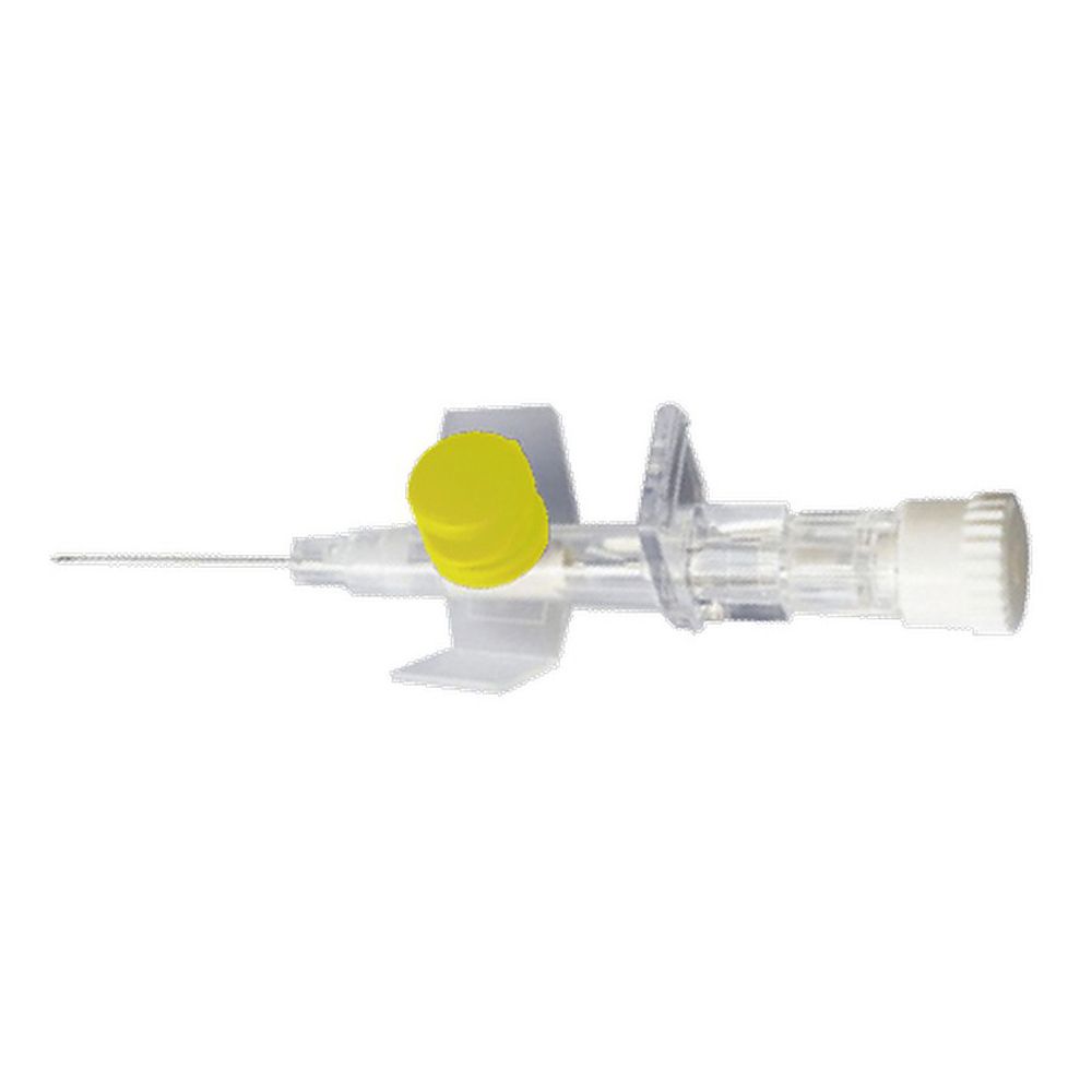 Catetere trasparente con tappo giallo, alette e raccordo bianco. Dispositivo medico.
