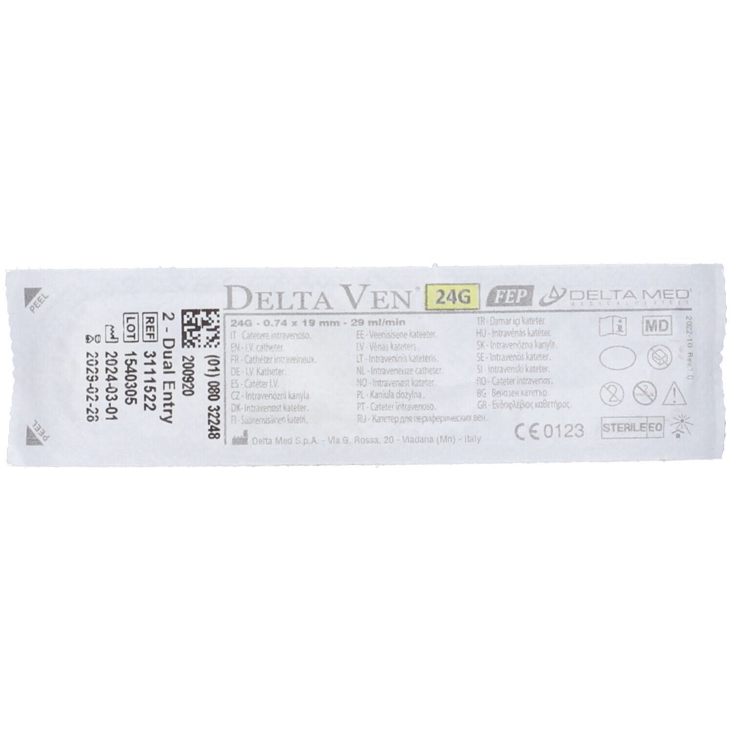 Confezione con informazioni sul prodotto. Scritta 'Delta Ven' e '24G'. Dispositivo medico.