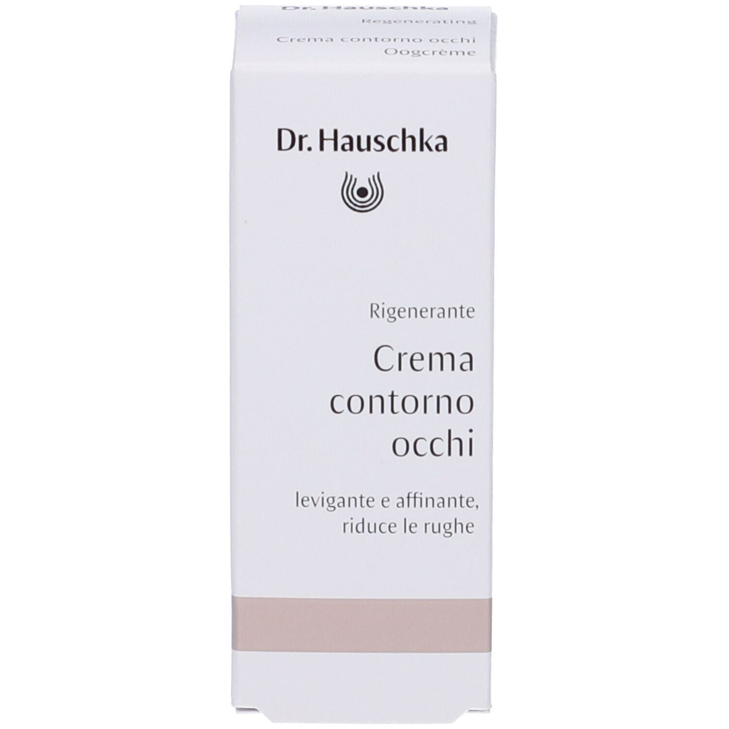 Scatola bianca. Scritta: Dr. Hauschka, Regeneration, Contorno occhi, Oogcrème. Fascia rosa.