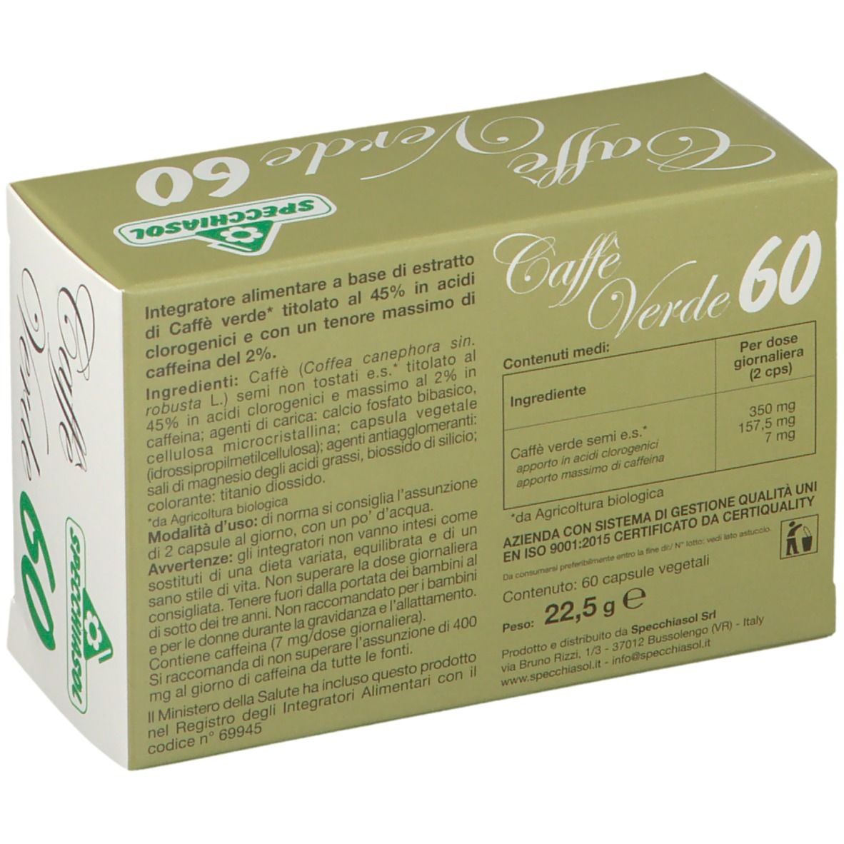 Retro della confezione di SPECCHIASOL Caffè Verde 60 capsule. Testo con ingredienti e informazioni nutrizionali.