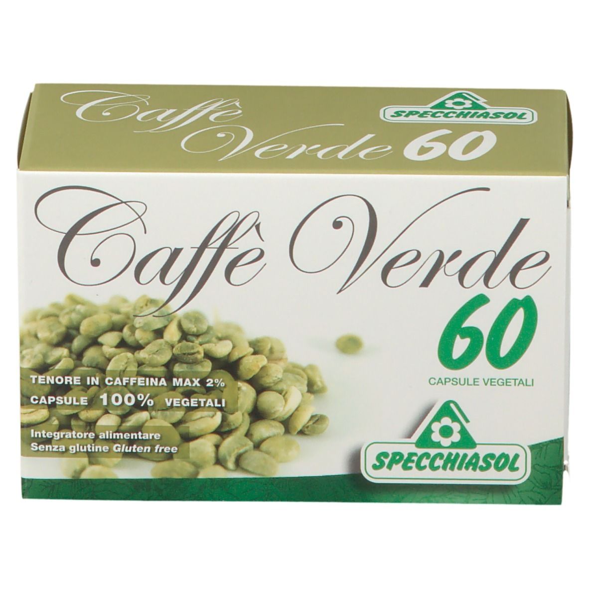 Confezione di SPECCHIASOL Caffè Verde 60 capsule. Immagine di chicchi di caffè verde. Testo: 'Integratore alimentare senza glutine'.