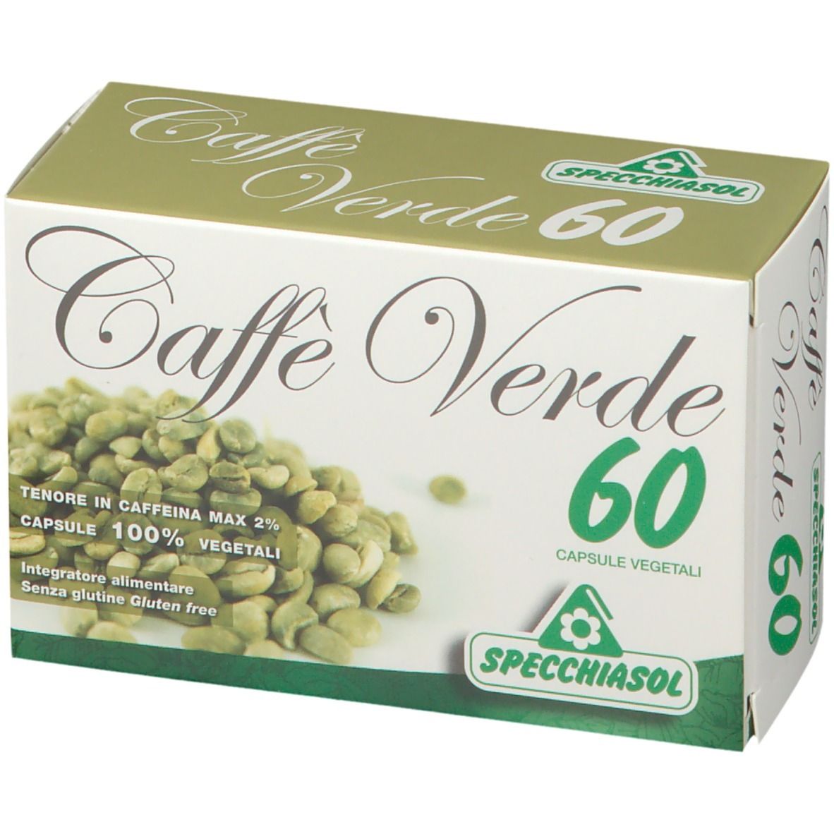 Confezione di SPECCHIASOL Caffè Verde 60 capsule. Immagine di chicchi di caffè verde. Testo: 'Integratore alimentare senza glutine'.
