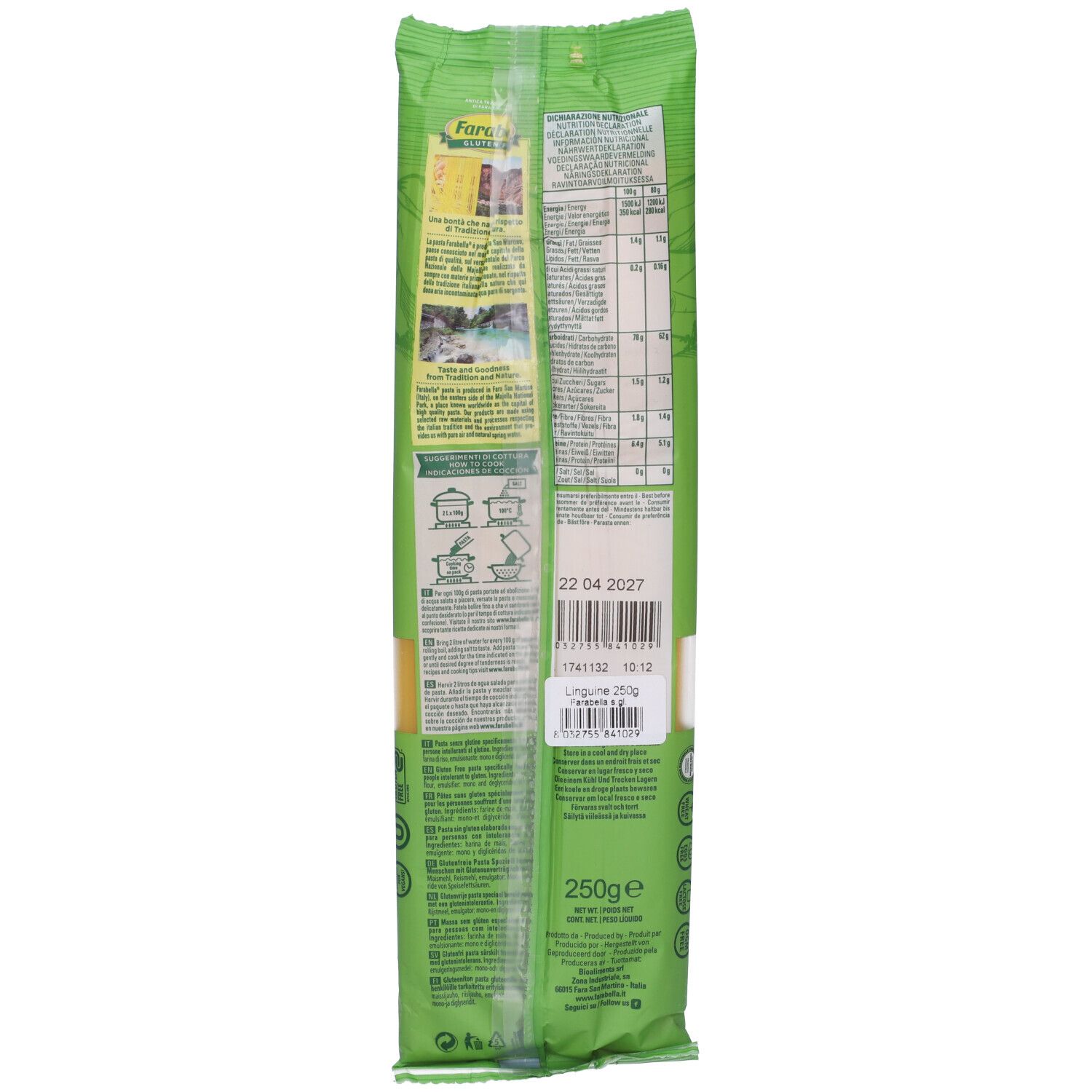 Retro della confezione verde di pasta Farabella Linguine. Informazioni e valori nutrizionali. 250g.