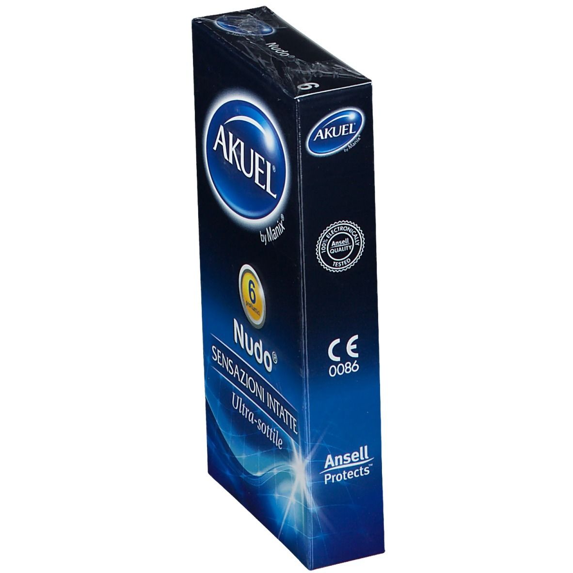 Confezione di preservativi AKUEL® Nudo®. Scatola blu con nome del prodotto, indicazione di 6 pezzi e marchio CE.