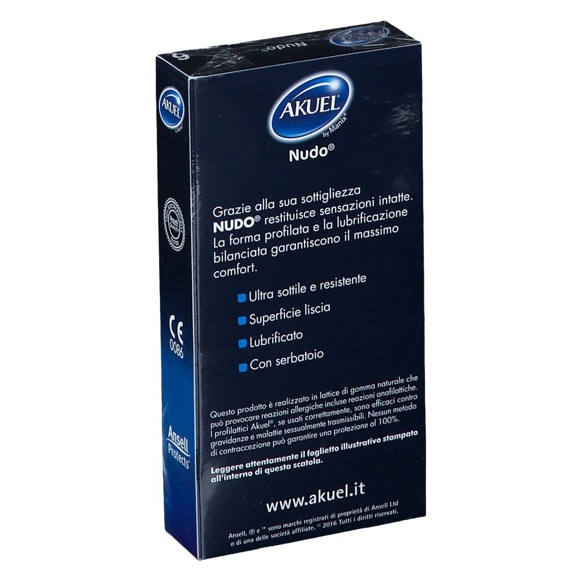 Retro della confezione di preservativi AKUEL® Nudo®. Testo in italiano. Contiene informazioni sul prodotto.