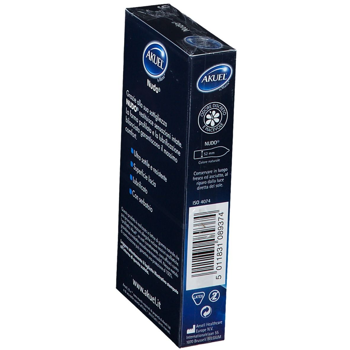 Lato della confezione di preservativi AKUEL® Nudo®. Testo in italiano. Contiene informazioni sul prodotto.