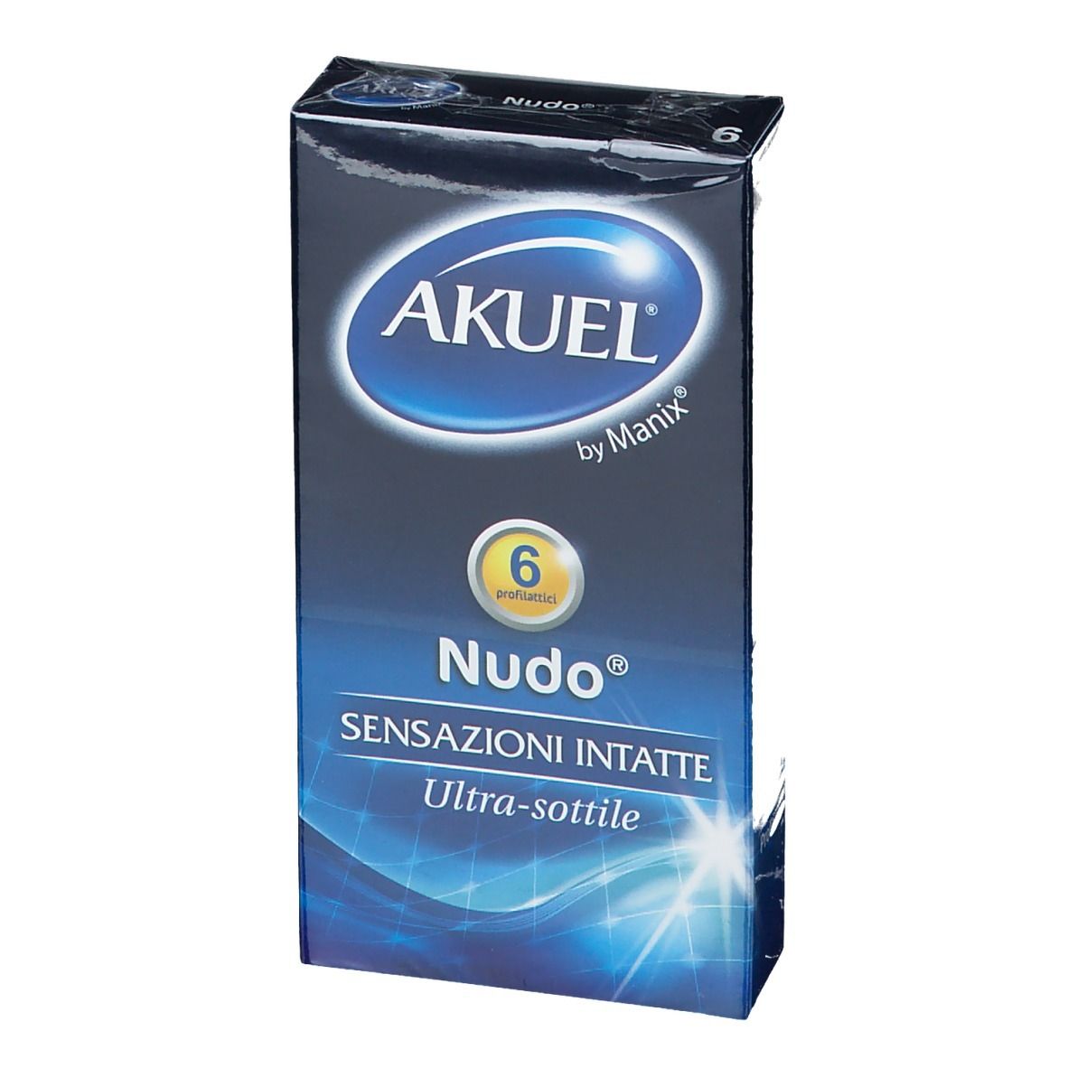 Confezione di preservativi AKUEL® Nudo®. Scatola blu con nome del prodotto e indicazione di 6 pezzi. Ultra-sottile.