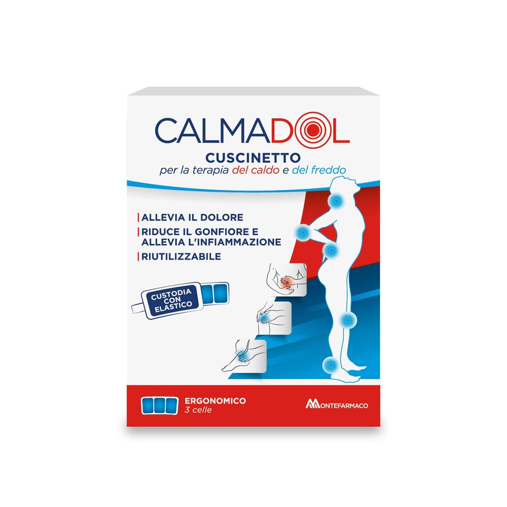 Confezione CALMADOL®. Testo: Cuscinetto, per la terapia del caldo e del freddo. Allevia il dolore, riduce il gonfiore, riutilizzabile.