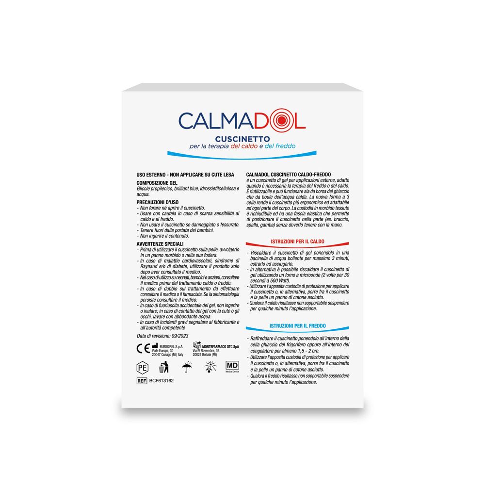 Retro della confezione CALMADOL®. Testo: Cuscinetto, per la terapia del caldo e del freddo. Istruzioni per l'uso e precauzioni.