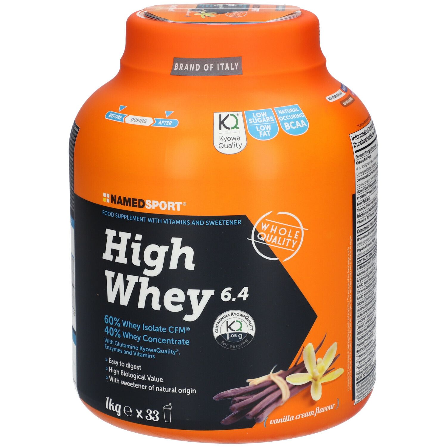 Barattolo arancione High Whey 6.4 di NAMEDSPORT. Contiene 1 kg. Aroma vaniglia. Marchio Kyowa.