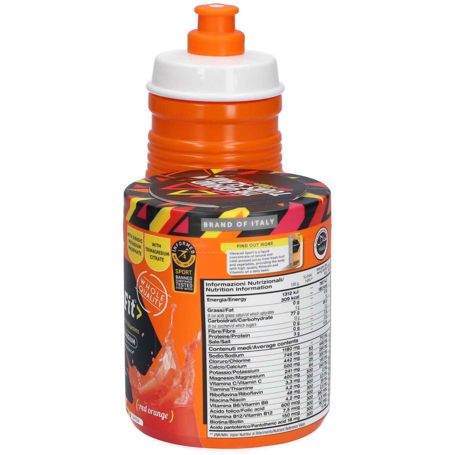 Barattolo con informazioni nutrizionali. Borraccia e barattolo con scritta HydraFit. Borraccia con scritta Elite.