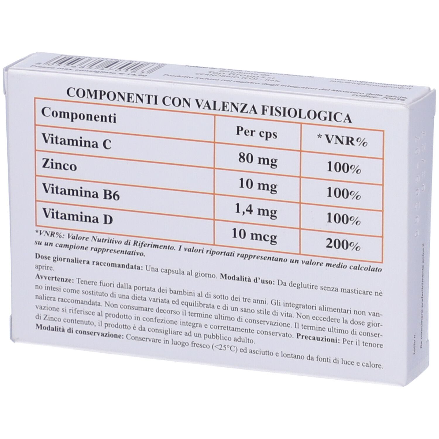 Retro della scatola. Tabella ingredienti: Vitamina C, Zinco, Vitamina B6, Vitamina D. Testo in italiano.