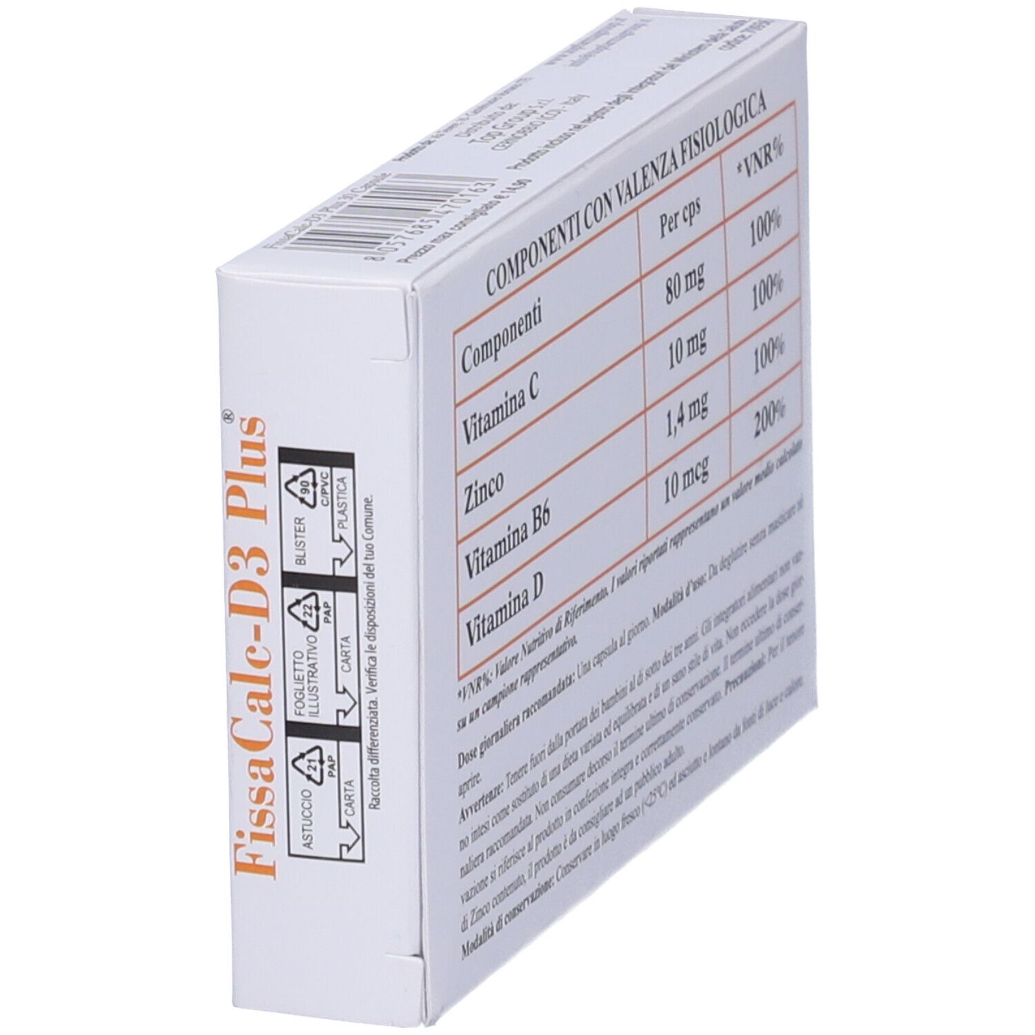 Scatola FissaCalc-D3 Plus, angolata. Retro con tabella ingredienti. Testo in italiano.