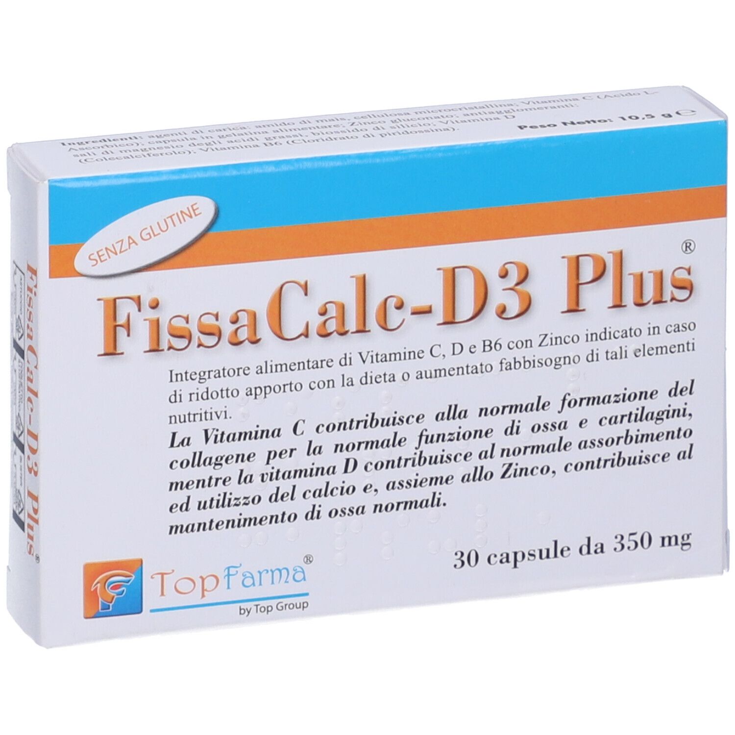 Scatola bianca FissaCalc-D3 Plus. Contiene 30 capsule. Marchio TopFarma. Striscia arancione 'senza glutine'.