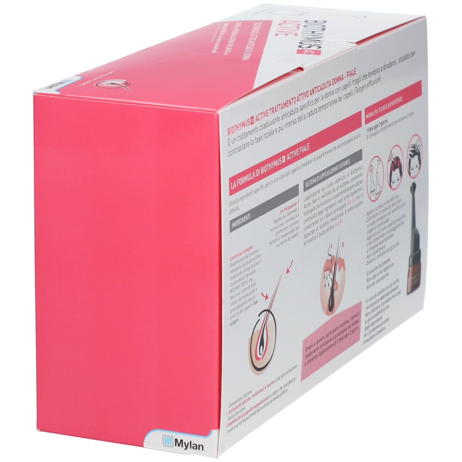 Lato della confezione Biothymus AC Active. Superficie rosa con logo e testo bianchi. Logo del produttore.