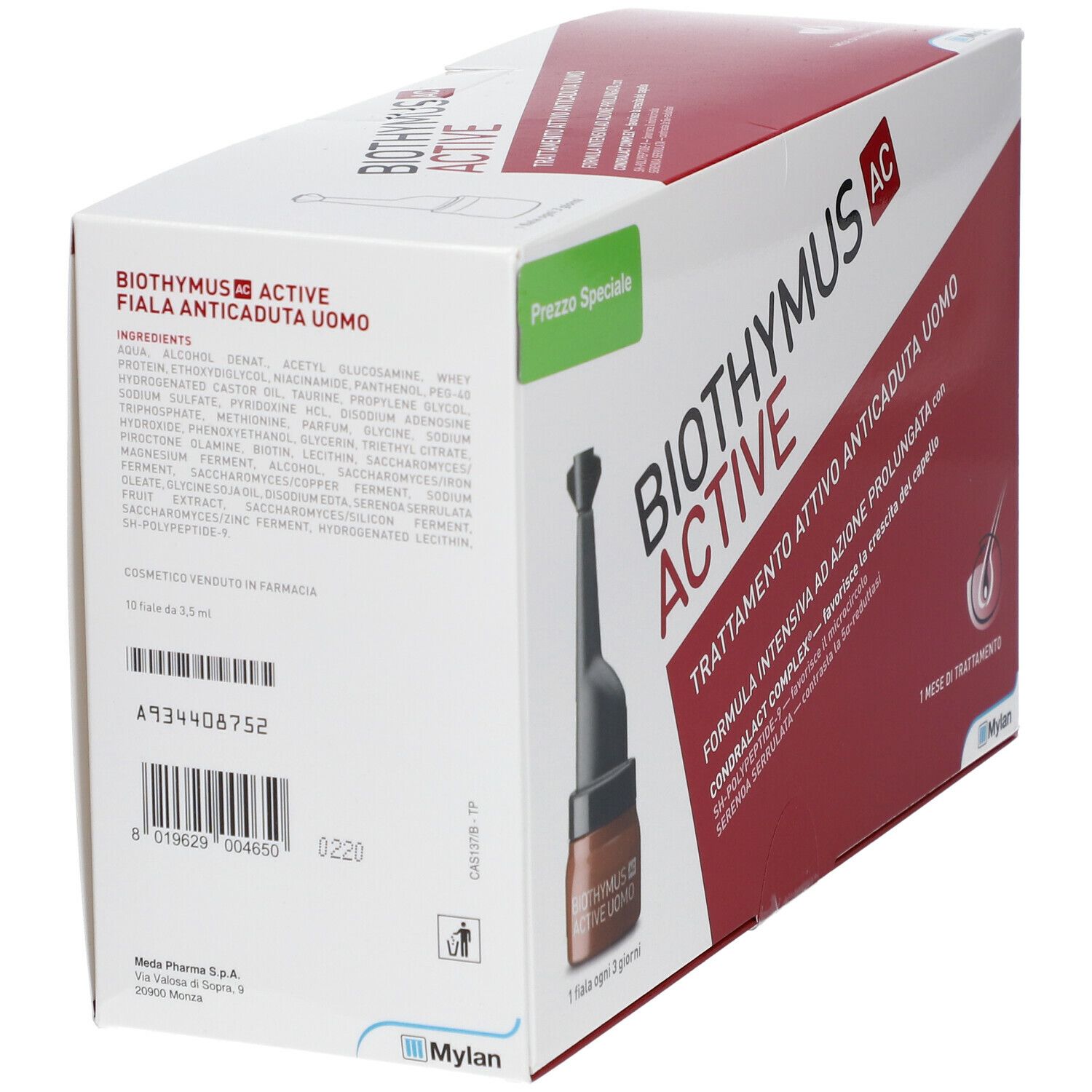 Retro confezione Biothymus AC Active. Ingredienti, immagine prodotto, codice a barre e numero di lotto.