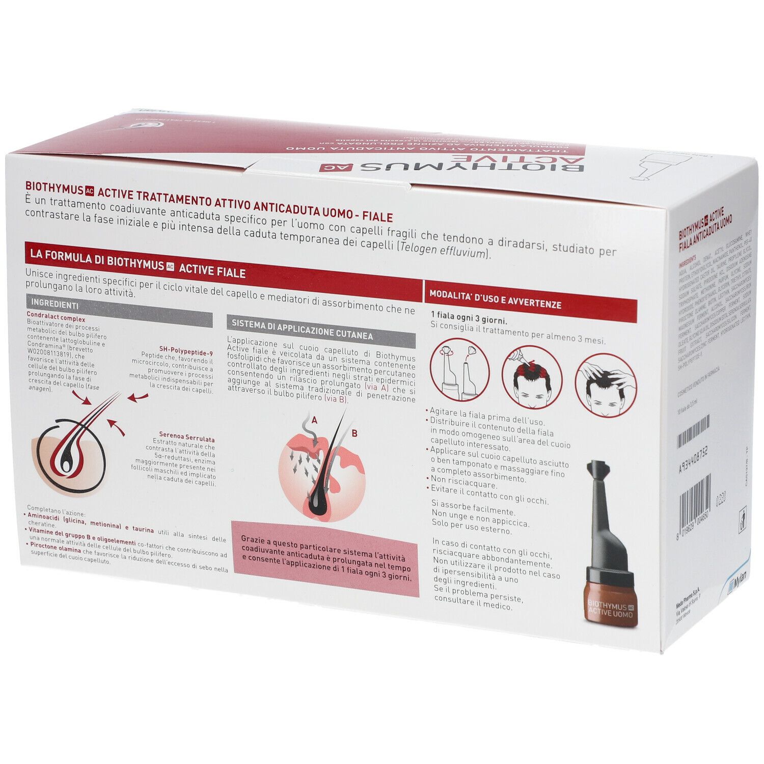 Retro confezione Biothymus AC Active. Informazioni sull'uso e ingredienti. Illustrazioni del prodotto.