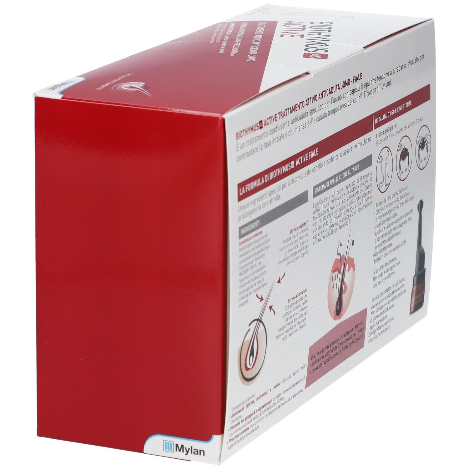 Vista laterale della confezione Biothymus AC Active. Scatola rossa e bianca con immagine e testo.