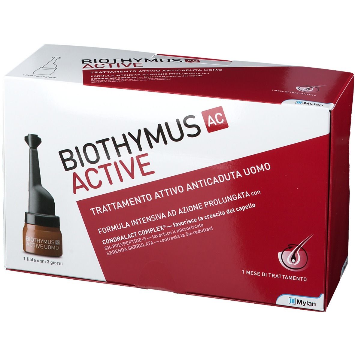 Confezione Biothymus AC Active. Scatola rossa e bianca con immagine e testo. 1 mese di trattamento.
