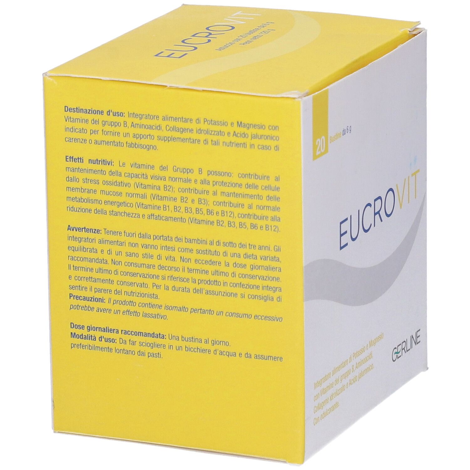 Scatola gialla con logo "EUCROVIT". Testo in italiano. Contiene informazioni sull'uso.