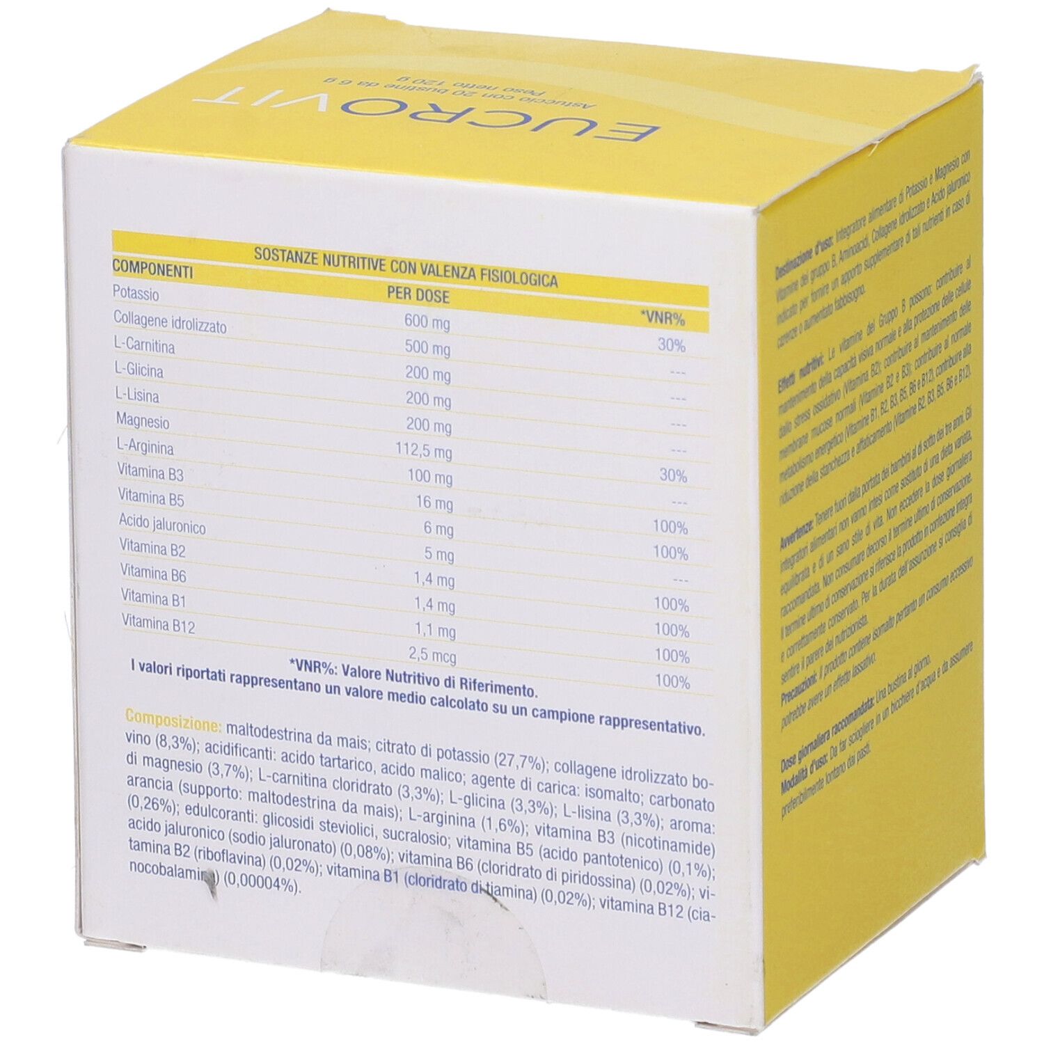 Scatola gialla con logo "EUCROVIT". Contiene informazioni nutrizionali in italiano.
