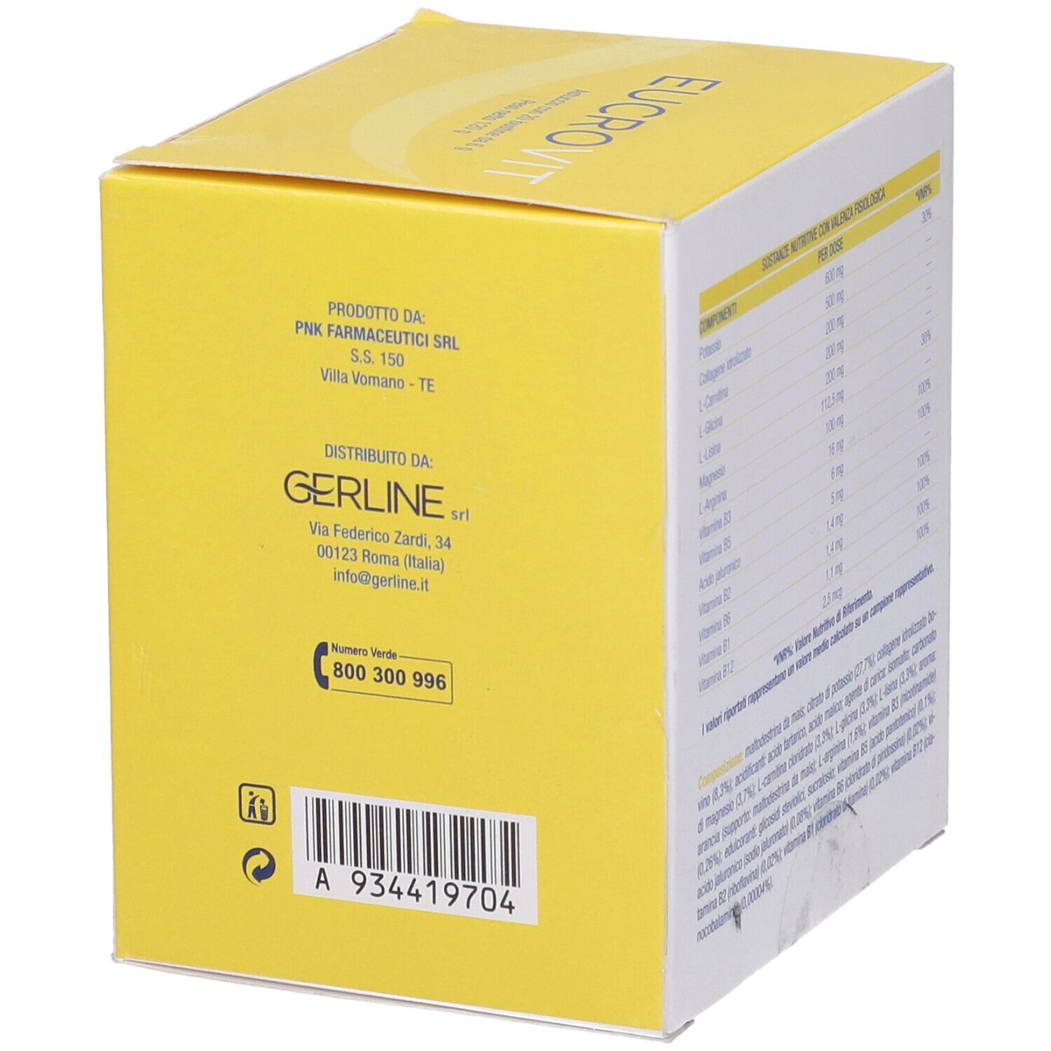 Scatola gialla con logo "EUCROVIT". Contiene informazioni di contatto e codice a barre.